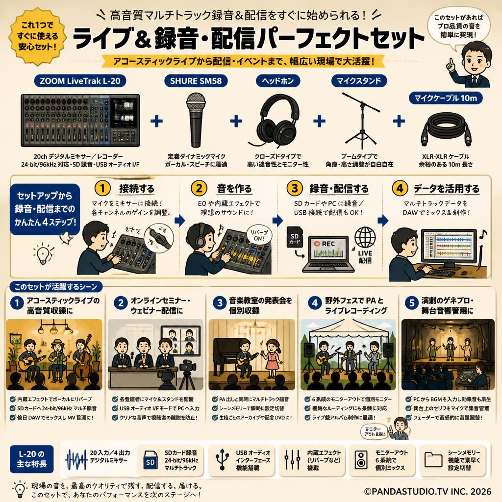 ZOOM LiveTrak L-20 / SHURE SM58 / ヘッドホン / マイクスタンド / マイクケーブル 10m セット 用途