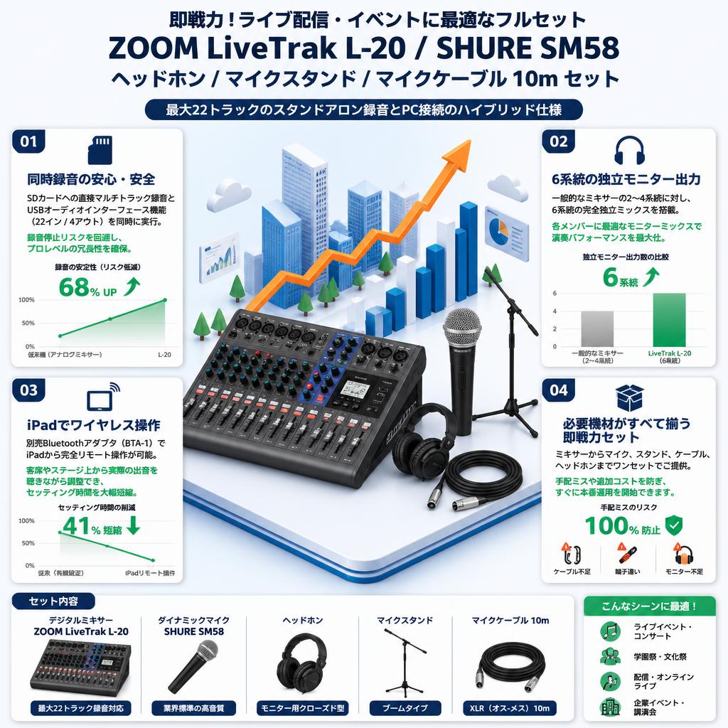 ZOOM LiveTrak L-20 / SHURE SM58 / ヘッドホン / マイクスタンド / マイクケーブル 10m セット セールスポイント