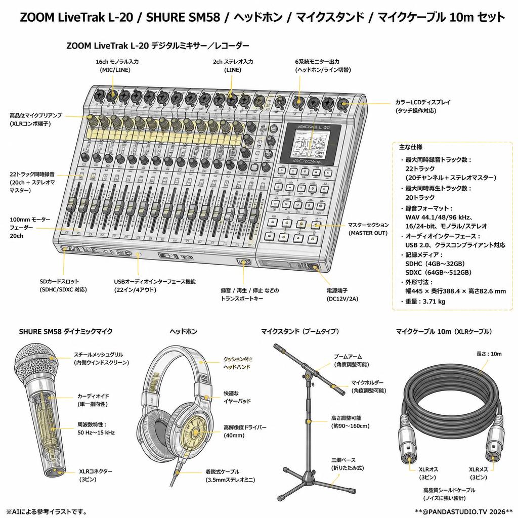 ZOOM LiveTrak L-20 / SHURE SM58 / ヘッドホン / マイクスタンド / マイクケーブル 10m セット スペック