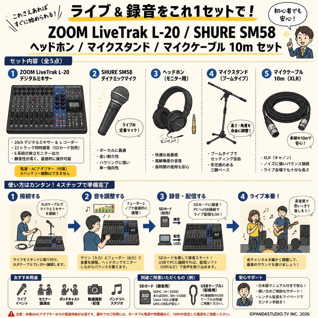 ZOOM LiveTrak L-20 / SHURE SM58 / ヘッドホン / マイクスタンド / マイクケーブル 10m セット FAQ（よくある質問と答え）