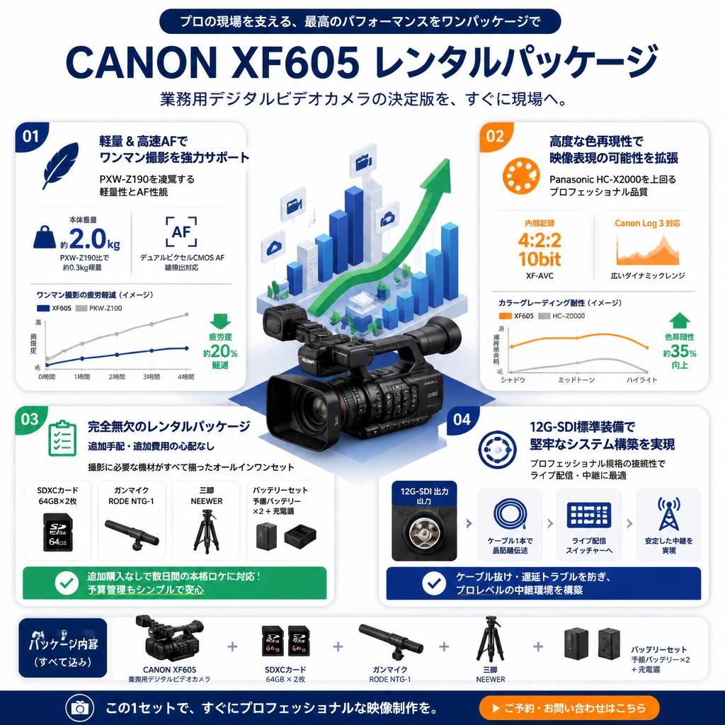 CANON XF605 業務用デジタルビデオカメラ / NEEWER三脚  / SDXCカード2枚 / ガンマイク NTG-1 / バッテリーセット セールスポイント