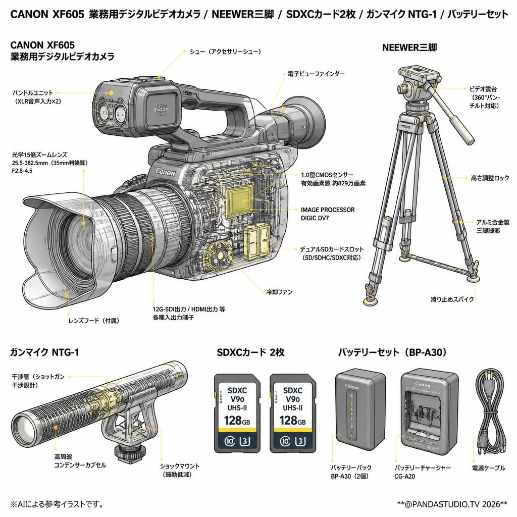 CANON XF605 業務用デジタルビデオカメラ / NEEWER三脚  / SDXCカード2枚 / ガンマイク NTG-1 / バッテリーセット スペック