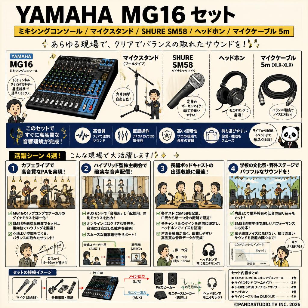 YAMAHA MG16 ミキシングコンソール / マイクスタンド / SHURE SM58 / ヘッドホン / マイクケーブル 5m セット 用途