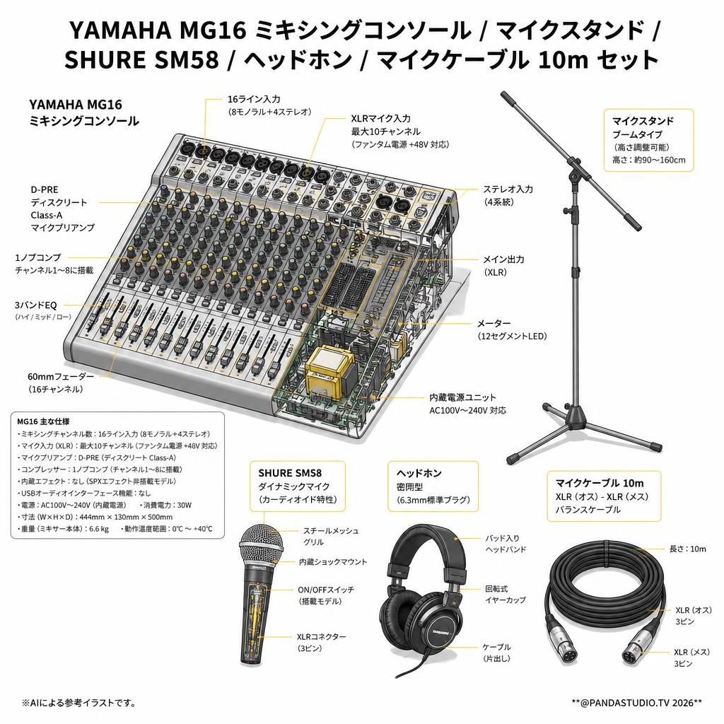 YAMAHA MG16 ミキシングコンソール / マイクスタンド / SHURE SM58 / ヘッドホン / マイクケーブル 10m セット スペック