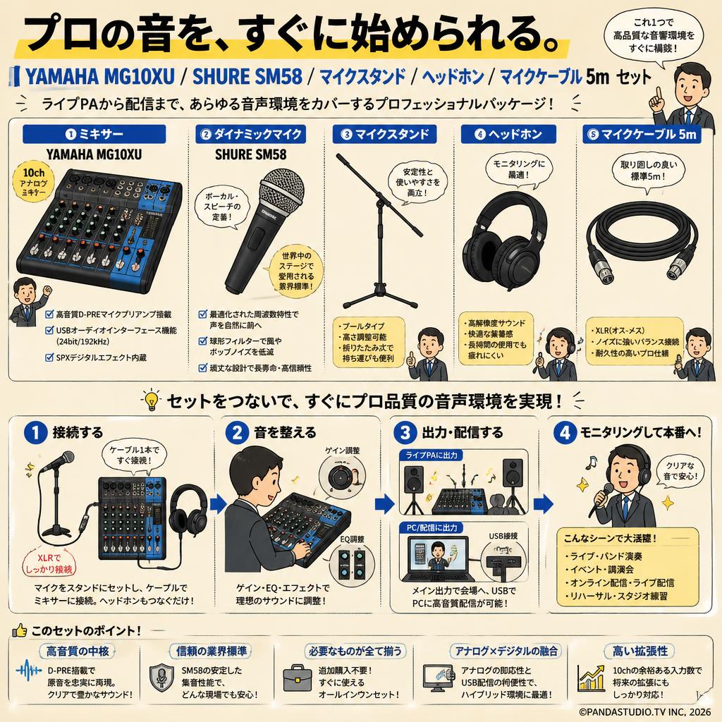 YAMAHA MG10XU / SHURE  SM58 / マイクスタンド / ヘッドホン / マイクケーブル 5m セット 概要