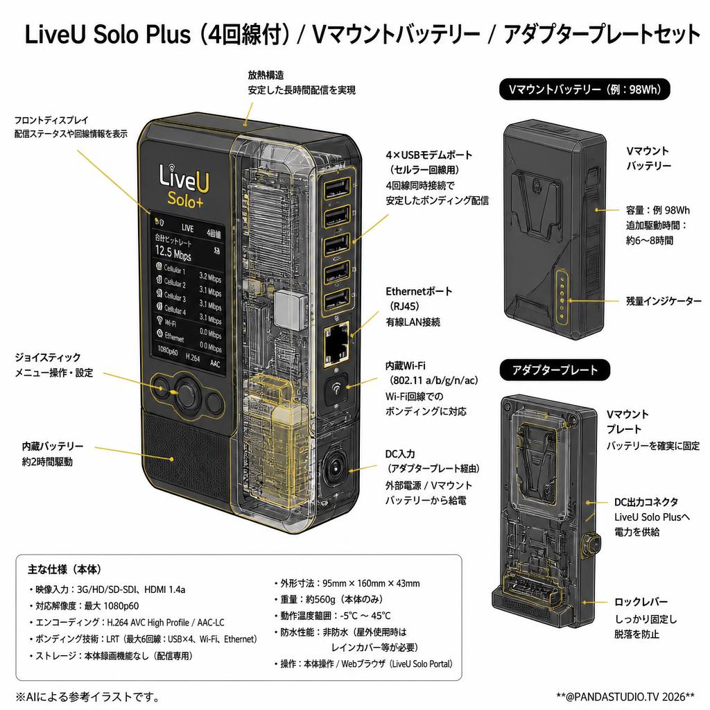 LiveU Solo Plus （4回線付）/ Vマウントバッテリー / アダプタープレートセット スペック