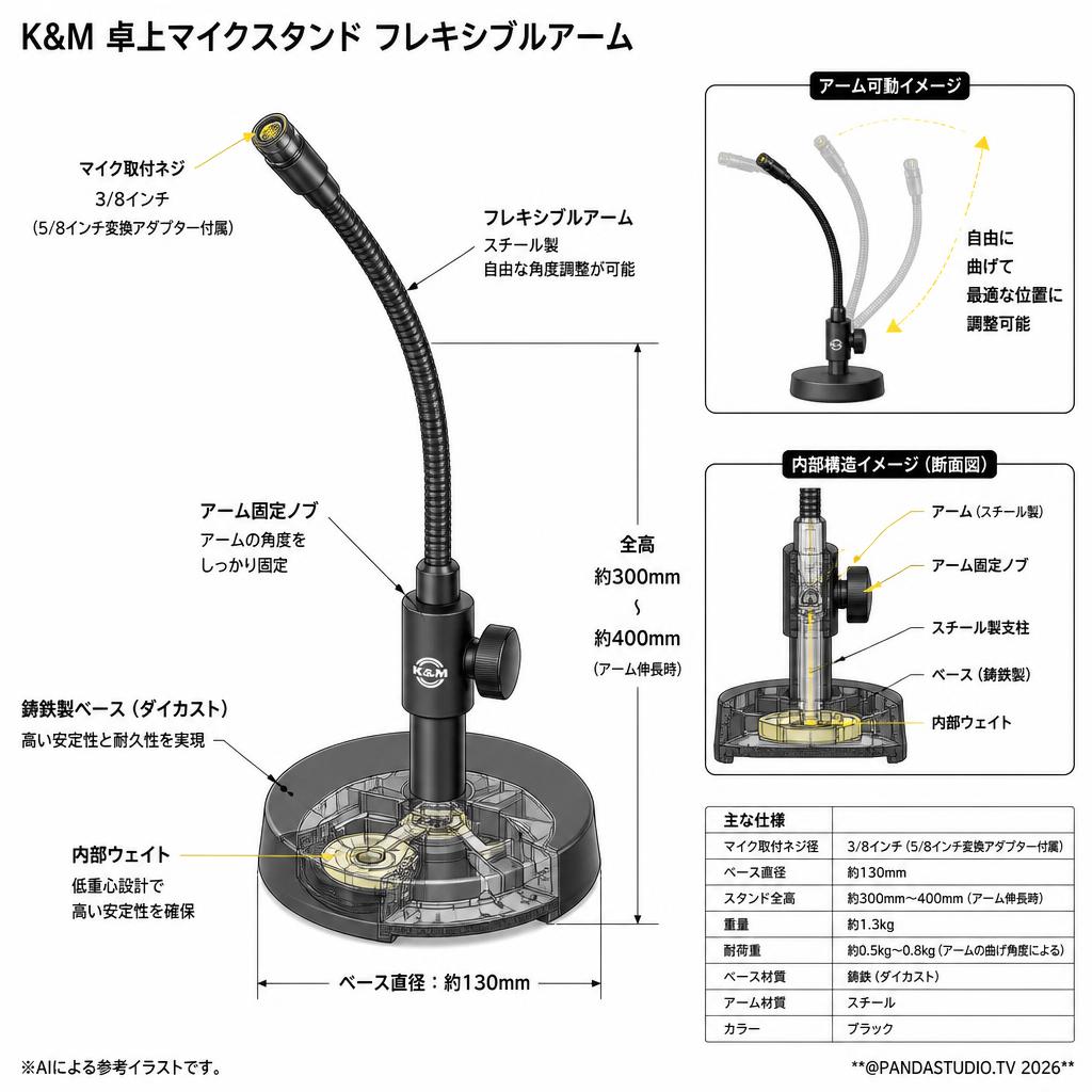 K&M 卓上マイクスタンド フレキシブルアーム スペック