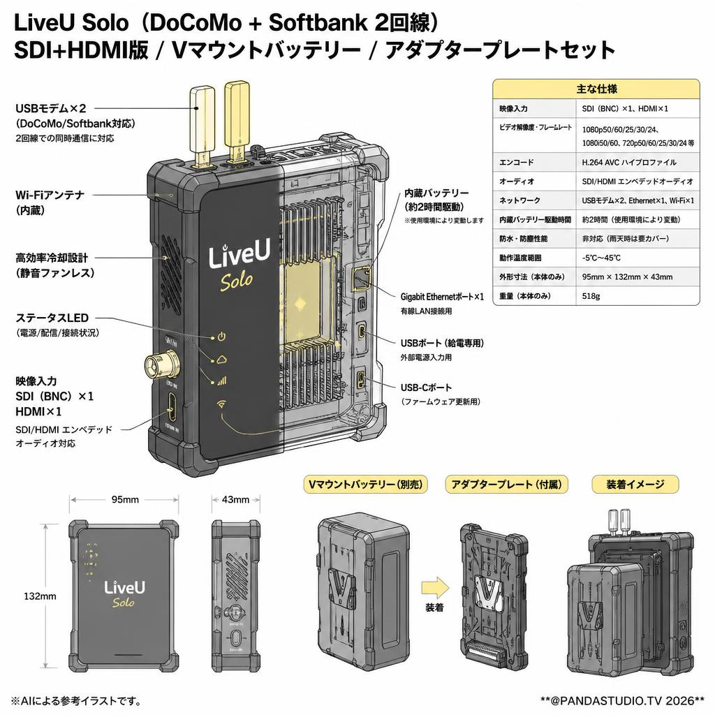 LiveU Solo（DoCoMo + Softbank 2回線）SDI+HDMI版 /  Vマウントバッテリー / アダプタープレートセット スペック