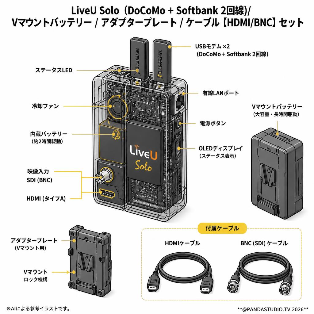 LiveU Solo（DoCoMo + Softbank 2回線) /  Vマウントバッテリー / アダプタープレート / ケーブル【HDMI/BNC】セット スペック
