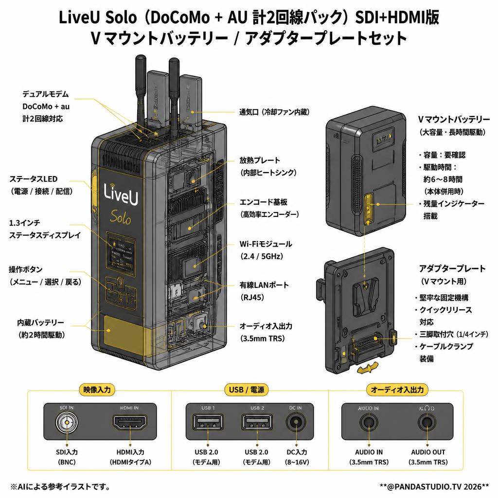 LiveU Solo（DoCoMo + AU 計2回線パック）SDI+HDMI版 / Vマウントバッテリー / アダプタープレートセット スペック
