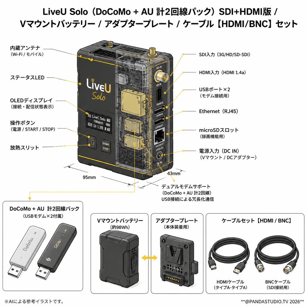 LiveU Solo（DoCoMo + AU 計2回線パック）SDI+HDMI版 / Vマウントバッテリー / アダプタープレート / ケーブル【HDMI/BNC】セット スペック