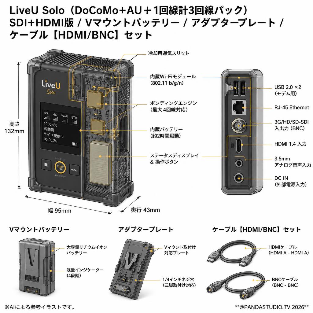 LiveU Solo（DoCoMo+AU＋1回線計3回線パック）SDI+HDMI版 / Vマウントバッテリー / アダプタープレート / ケーブル【HDMI/BNC】セット スペック