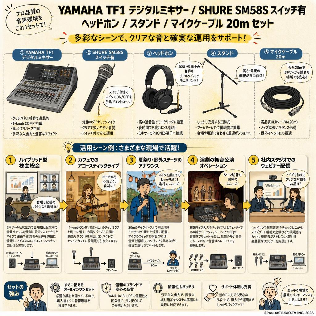 YAMAHA  TF1 デジタルミキサー / SHURE SM58S スイッチ有 / ヘッドホン / スタンド / マイクケーブル 20m セット 用途