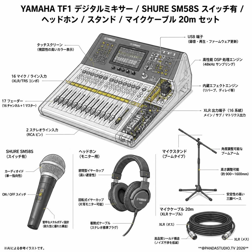YAMAHA  TF1 デジタルミキサー / SHURE SM58S スイッチ有 / ヘッドホン / スタンド / マイクケーブル 20m セット スペック