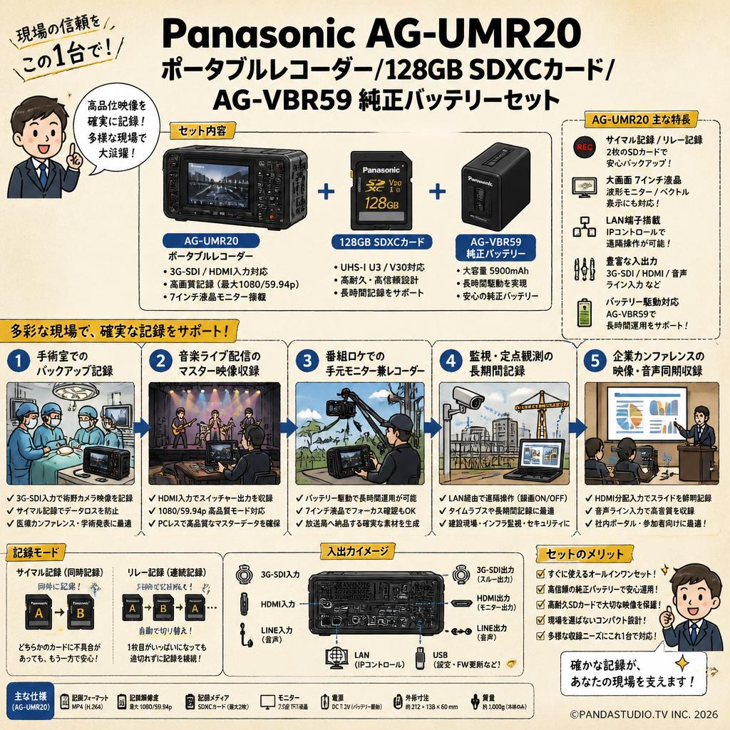 Panasonic AG-UMR20 ポータブルレコーダー /  128GB SDXCカード / AG-VBR59 純正バッテリーセット 用途
