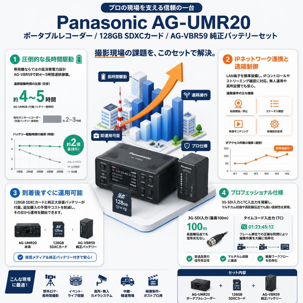 Panasonic AG-UMR20 ポータブルレコーダー /  128GB SDXCカード / AG-VBR59 純正バッテリーセット セールスポイント