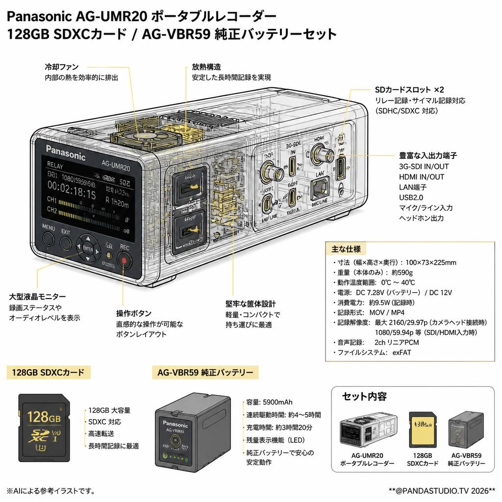 Panasonic AG-UMR20 ポータブルレコーダー /  128GB SDXCカード / AG-VBR59 純正バッテリーセット スペック