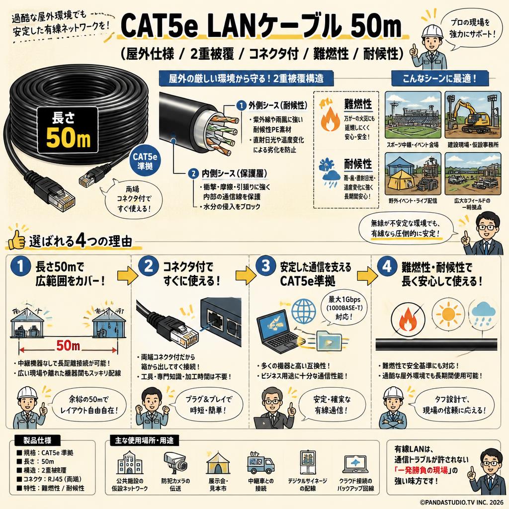 CAT5e LANケーブル 50m（屋外仕様 / 2重被覆 / コネクタ付 / 難燃性 / 耐候性） 概要