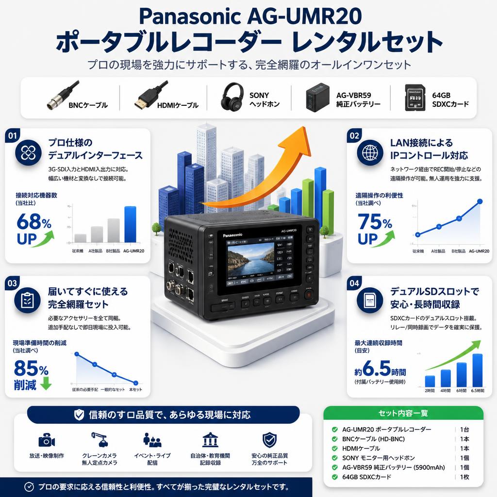 Panasonic AG-UMR20 ポータブルレコーダー / BNCケーブル / HDMIケーブル / SONY ヘッドホン / AG-VBR59 純正バッテリー / 64GB SDXCカードセット セールスポイント