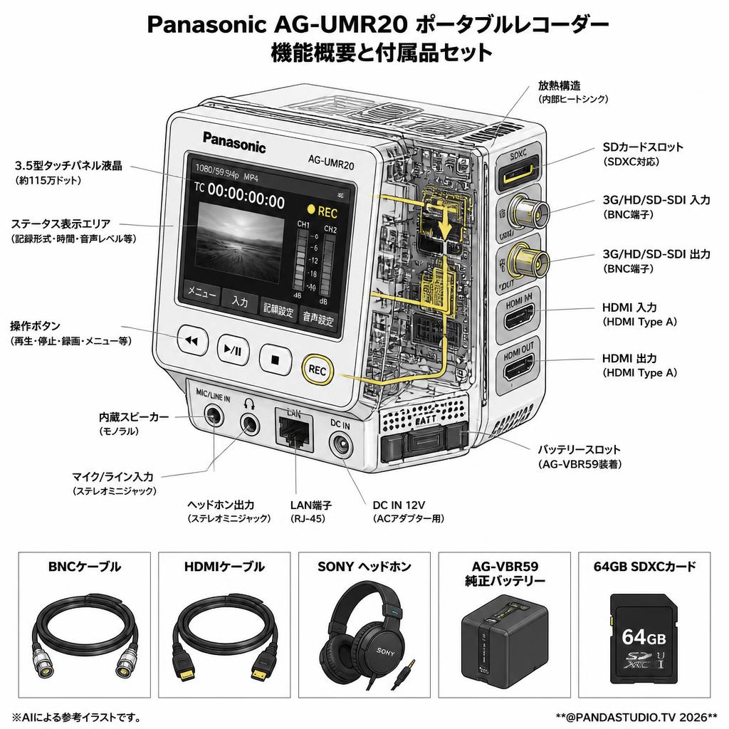 Panasonic AG-UMR20 ポータブルレコーダー / BNCケーブル / HDMIケーブル / SONY ヘッドホン / AG-VBR59 純正バッテリー / 64GB SDXCカードセット スペック