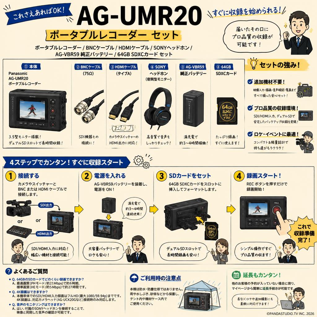 Panasonic AG-UMR20 ポータブルレコーダー / BNCケーブル / HDMIケーブル / SONY ヘッドホン / AG-VBR59 純正バッテリー / 64GB SDXCカードセット FAQ（よくある質問と答え）