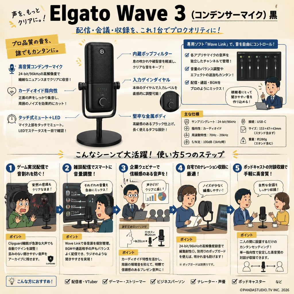 Elgato Wave 3（コンデンサーマイク）黒 用途