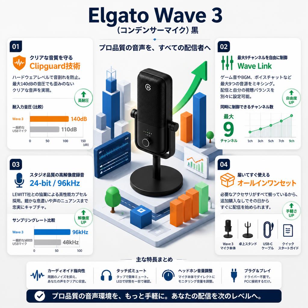 Elgato Wave 3（コンデンサーマイク）黒 セールスポイント