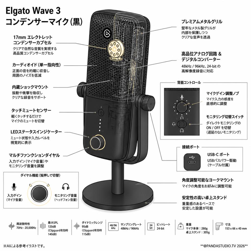 Elgato Wave 3（コンデンサーマイク）黒 スペック
