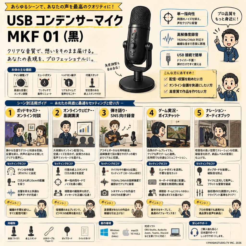 USB コンデンサーマイク MKF 01 (黒） 用途