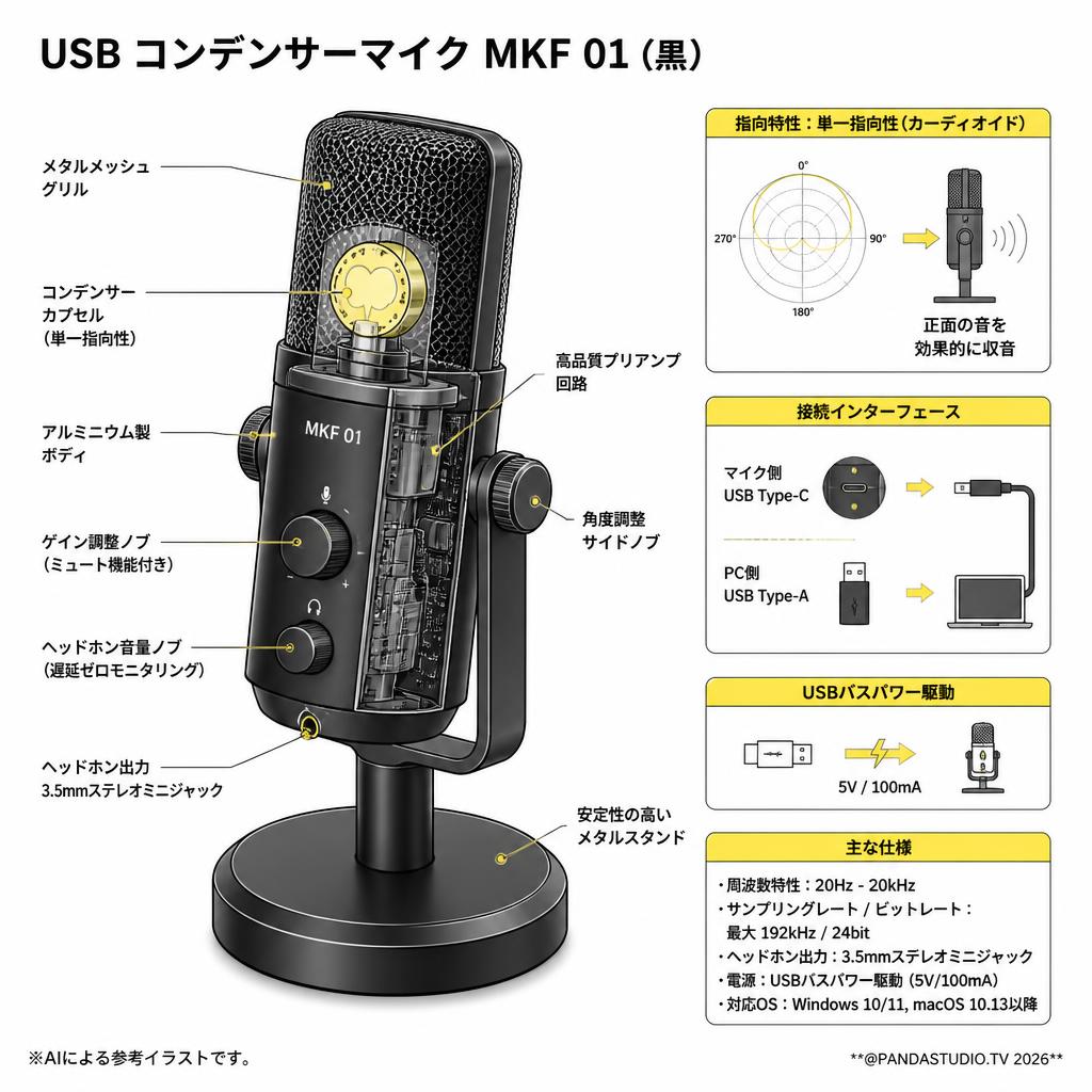 USB コンデンサーマイク MKF 01 (黒） スペック