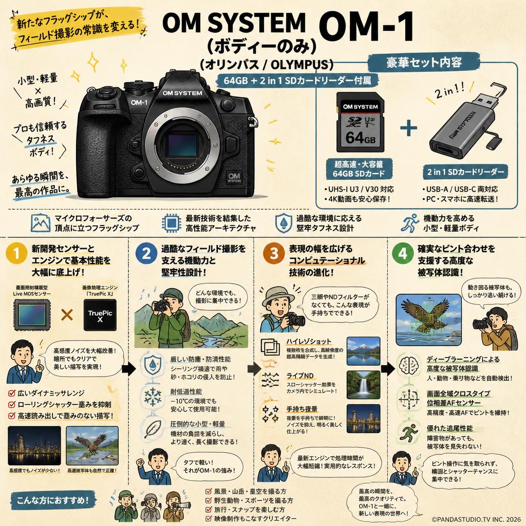 OM SYSTEM OM-1（ボディーのみ）（オリンパス / OLYMPUS）64GB ＋ 2 in 1 SDカードリーダー付属 概要