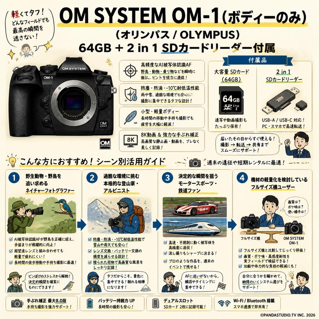 OM SYSTEM OM-1（ボディーのみ）（オリンパス / OLYMPUS）64GB ＋ 2 in 1 SDカードリーダー付属 おもな対象のお客様