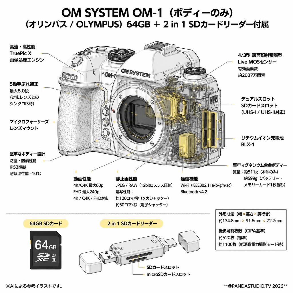 OM SYSTEM OM-1（ボディーのみ）（オリンパス / OLYMPUS）64GB ＋ 2 in 1 SDカードリーダー付属 スペック