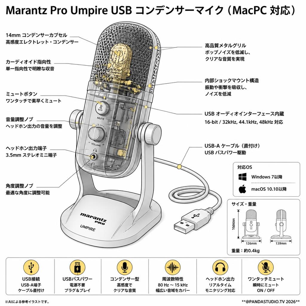 Marantz Pro Umpire USB コンデンサーマイク (MacPC 対応) スペック