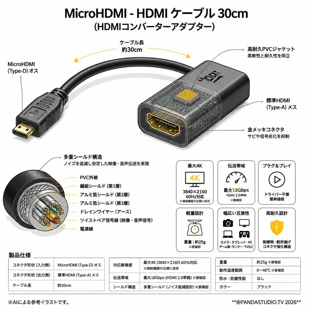 MicroHDMI -HDMI ケーブル30cm (HDMIコンバーターアダプター) スペック
