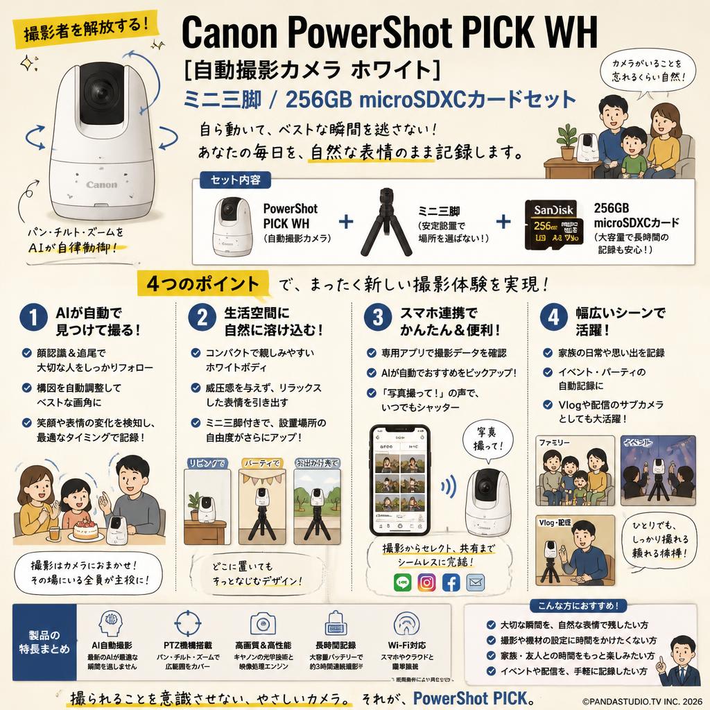 Canon PowerShot PICK WH [自動撮影カメラ ホワイト] / ミニ三脚 / 256GB microSDXCカードセット 概要