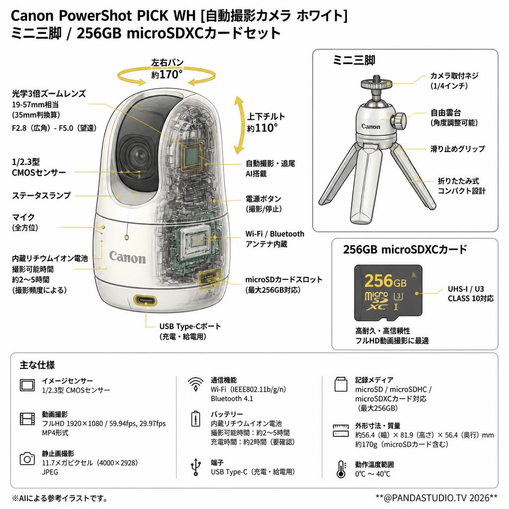 Canon PowerShot PICK WH [自動撮影カメラ ホワイト] / ミニ三脚 / 256GB microSDXCカードセット スペック