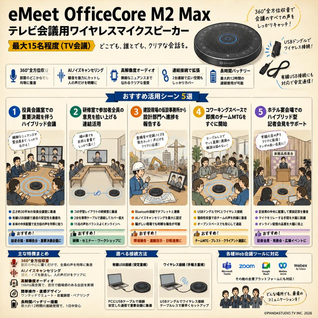 eMeet OfficeCore M2 Max テレビ会議用ワイヤレスマイクスピーカー 最大15名程度（TV会議） 用途