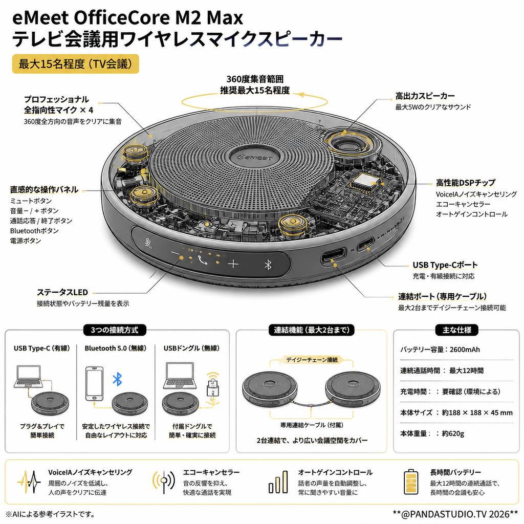 eMeet OfficeCore M2 Max テレビ会議用ワイヤレスマイクスピーカー 最大15名程度（TV会議） スペック