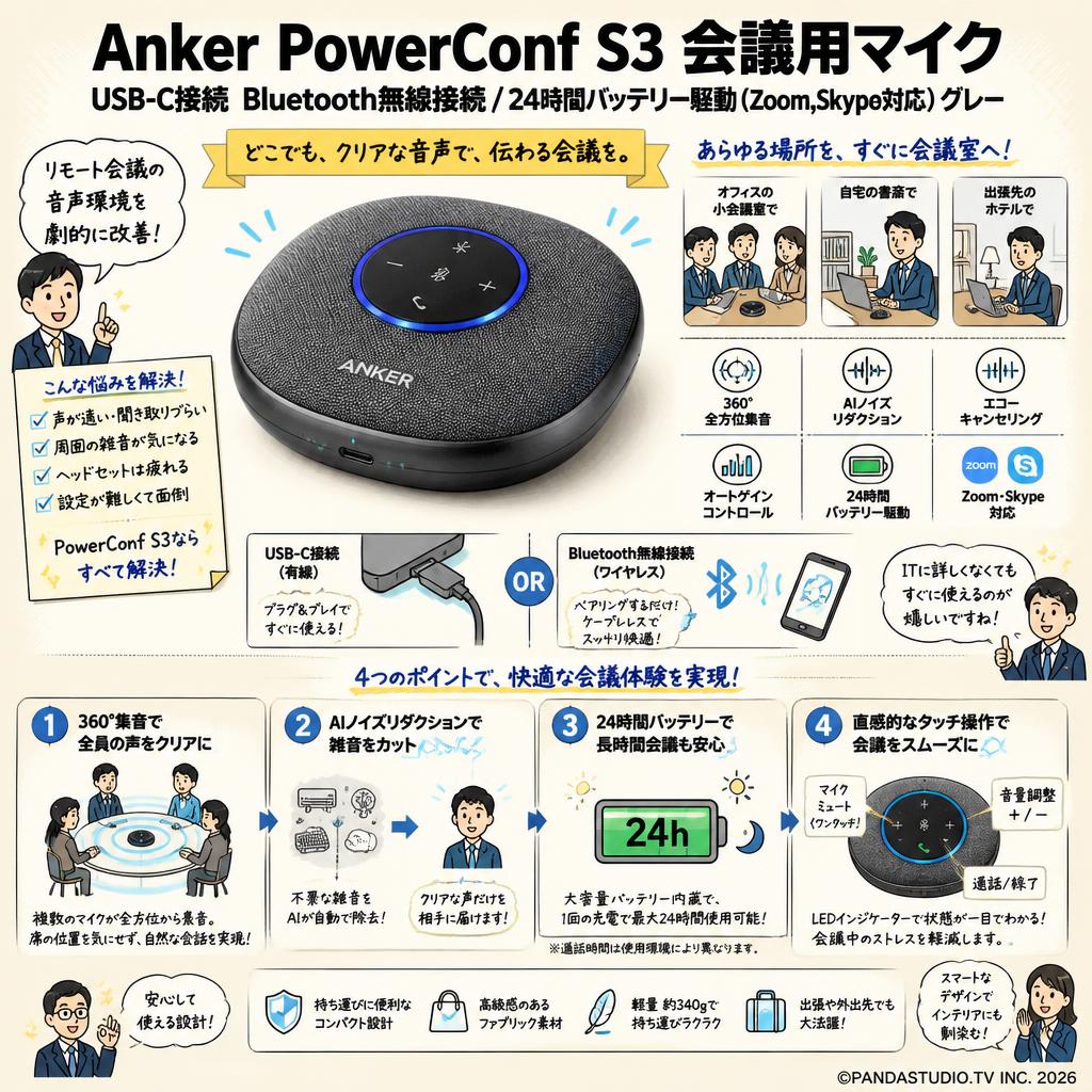 Anker PowerConf S3 会議用マイク USB-C接続 Bluetooth無線接続/24時間バッテリー駆動（Zoom,Skype対応）グレー 概要