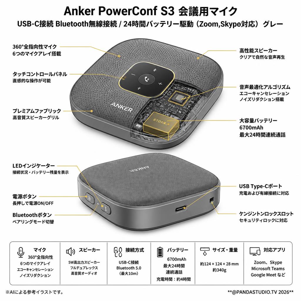 Anker PowerConf S3 会議用マイク USB-C接続 Bluetooth無線接続/24時間バッテリー駆動（Zoom,Skype対応）グレー スペック