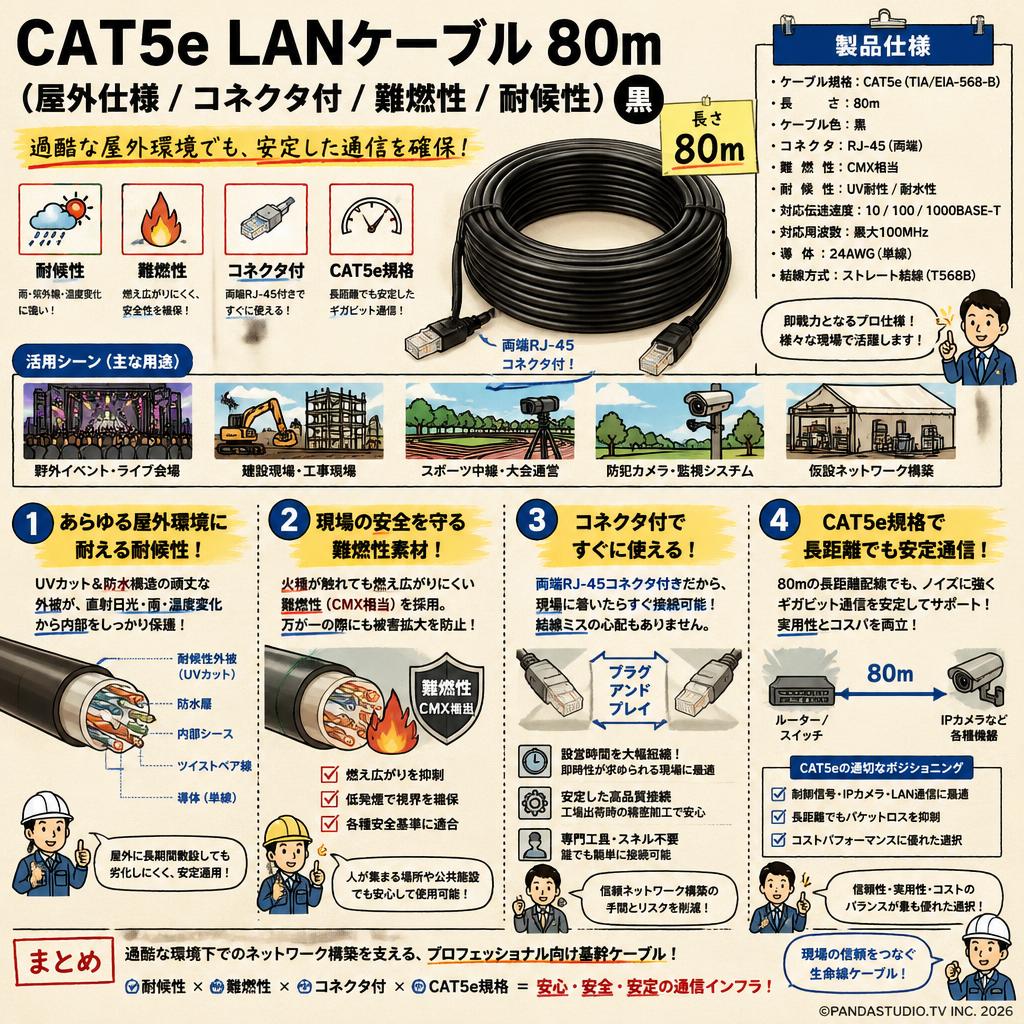CAT5e LANケーブル 80m（屋外仕様 / コネクタ付 / 難燃性 / 耐候性) 黒 概要