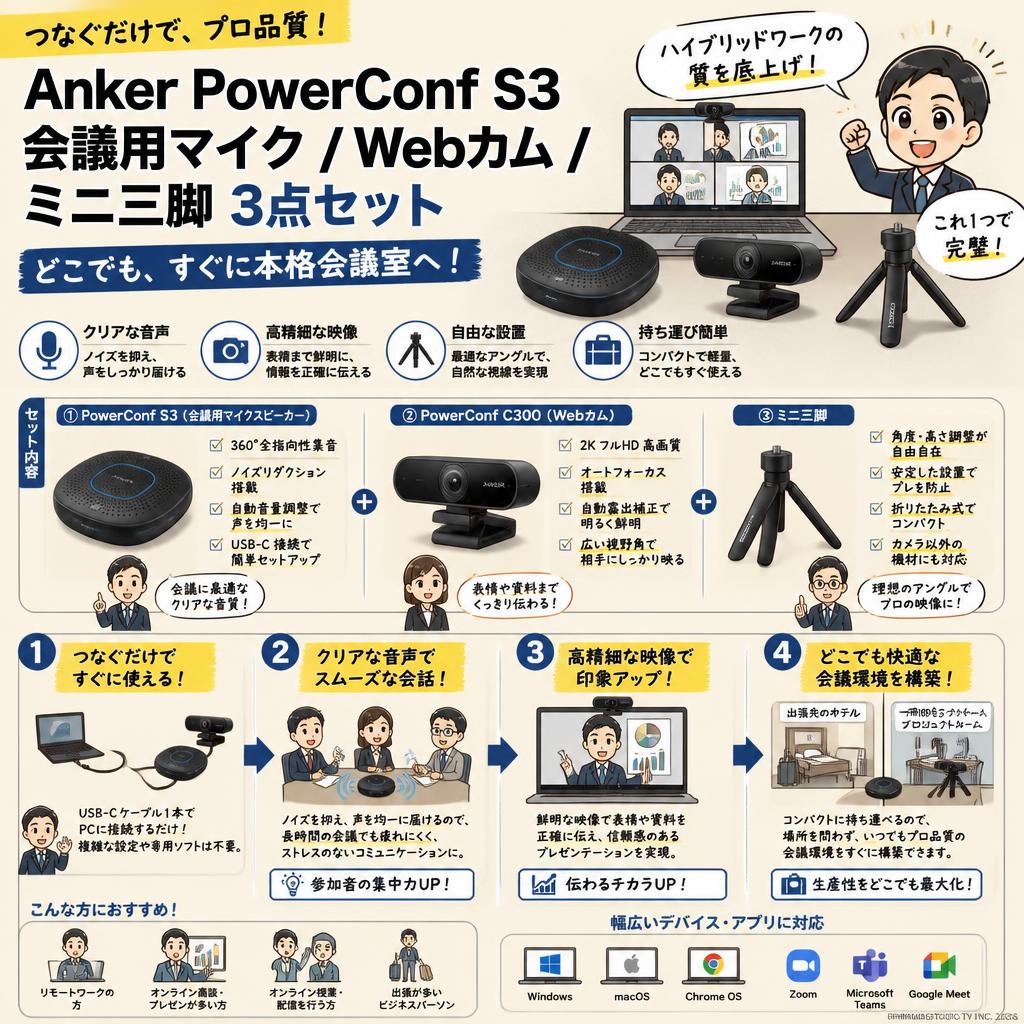 Anker PowerConf S3 会議用マイク / Webカム / ミニ三脚 3点セット 概要