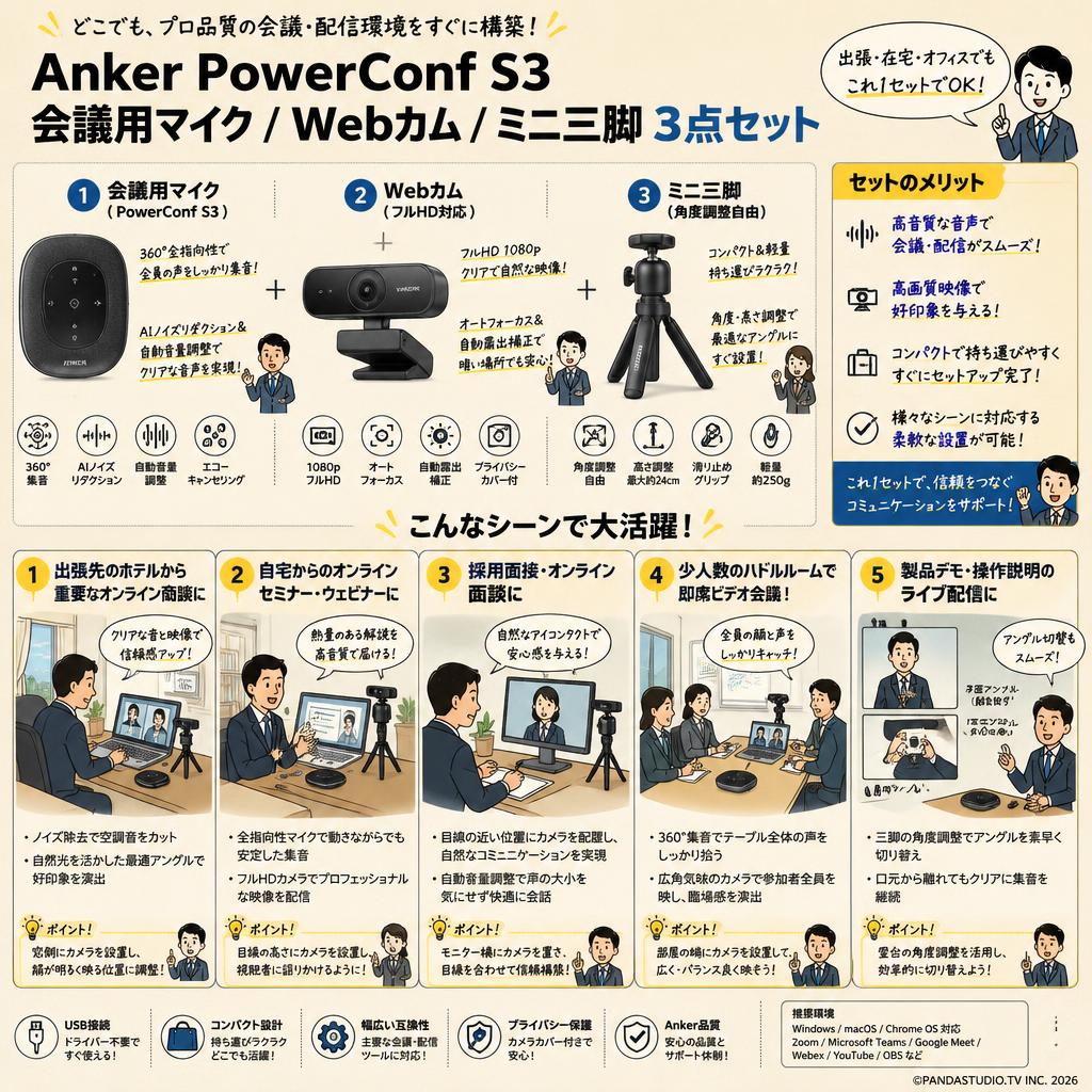 Anker PowerConf S3 会議用マイク / Webカム / ミニ三脚 3点セット 用途