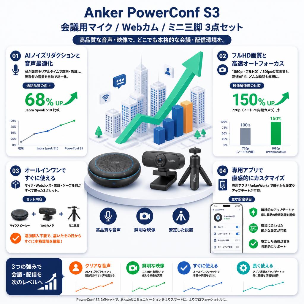 Anker PowerConf S3 会議用マイク / Webカム / ミニ三脚 3点セット セールスポイント
