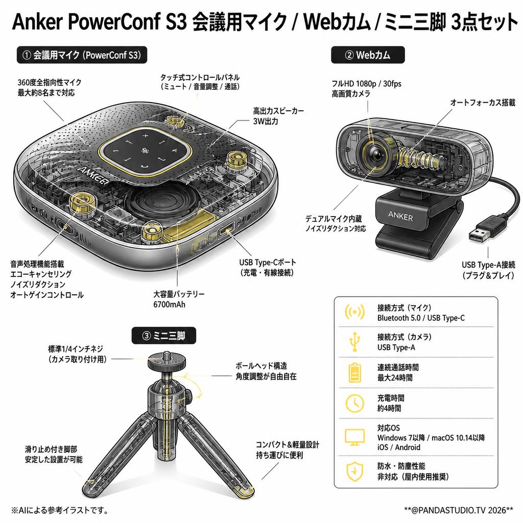 Anker PowerConf S3 会議用マイク / Webカム / ミニ三脚 3点セット スペック