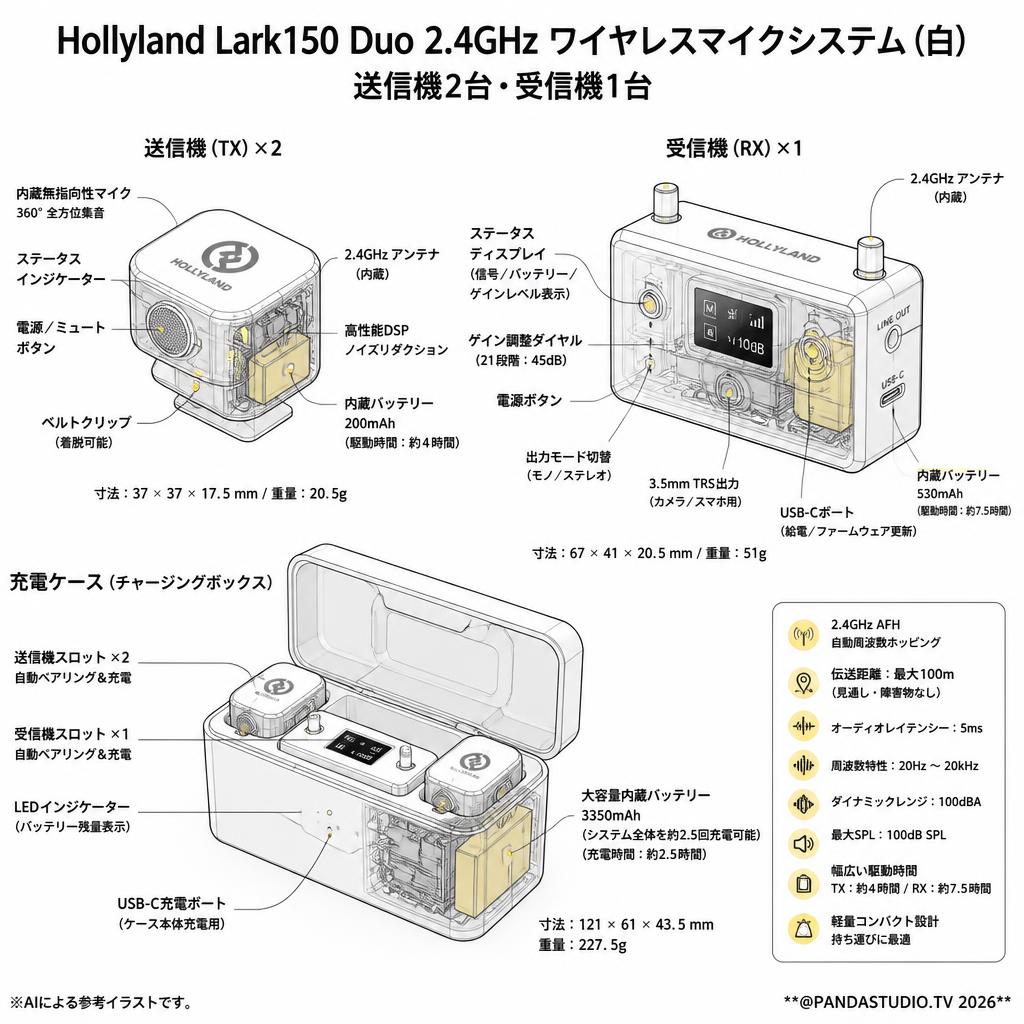 Hollyland Lark150 Duo 2.4GHzワイヤレスマイクシステム送信機2台 受信機1台(白) スペック
