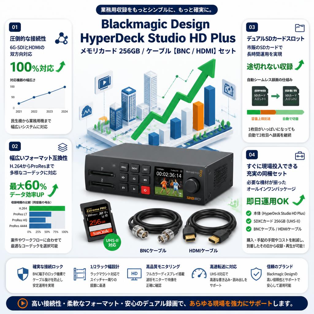 Blackmagic Design HyperDeck Studio HD Plus / メモリカード 256GB / ケーブル【BNC / HDMI】 セット セールスポイント