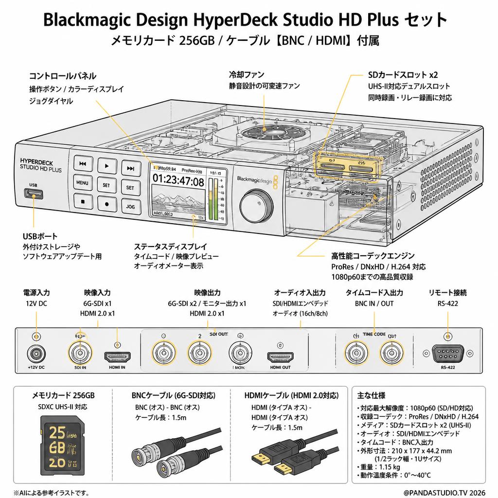 Blackmagic Design HyperDeck Studio HD Plus / メモリカード 256GB / ケーブル【BNC / HDMI】 セット スペック