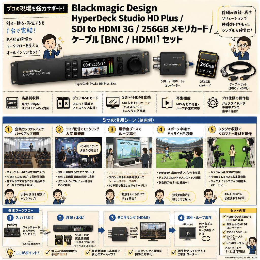 Blackmagic Design HyperDeck Studio HD Plus / SDI to HDMI 3G / 256GB メモリカード/ ケーブル【BNC / HDMI】 セット 用途